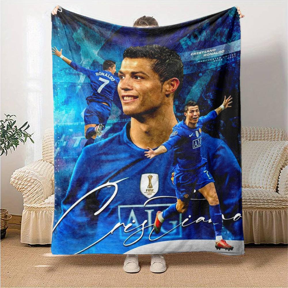 Cristiano Ronaldo Retro Blue Jersey Print Flannel Blanket Soft Warm Throw Blanket Football Fan Sofa Bed Decor