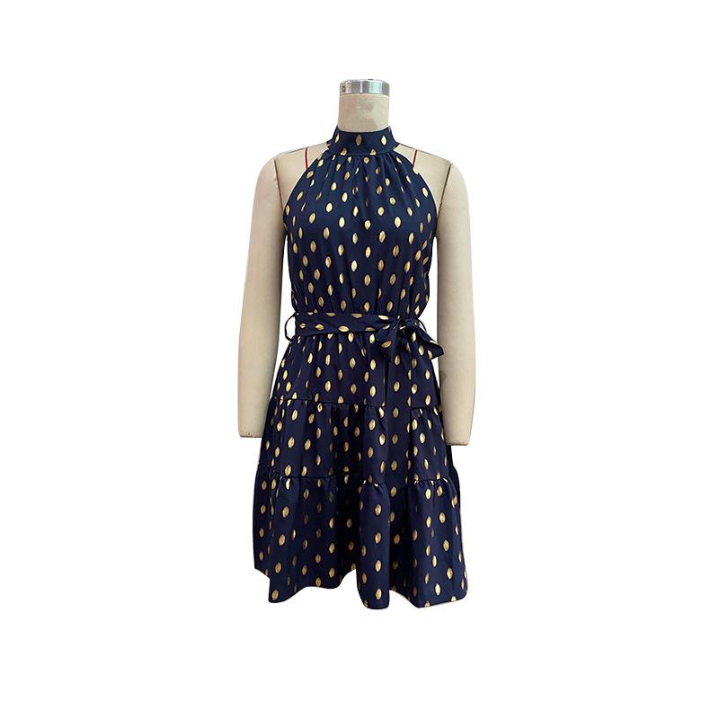 European And American Summer Halterneck Strappy Skirt Pleated Sleeveless Polka Dot Dress