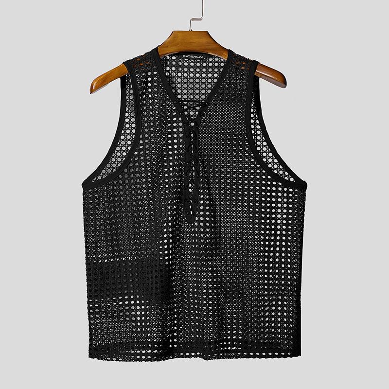 

INCERUN Men Sleeveless Lace-up Bandage Hollow Out Casual Tank Tops M