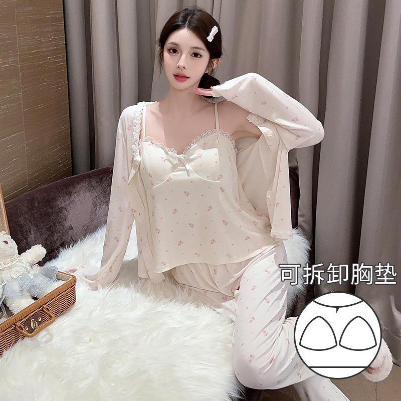 

[D] Spring new pure desire floral suspenders three-piece set of thin and drape loungewear pajamas are in stock XL
