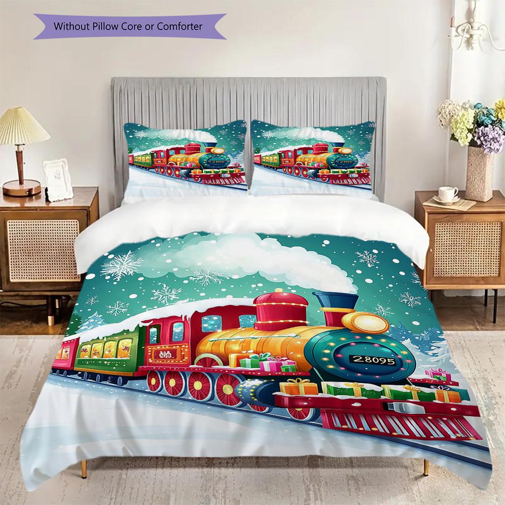 Train Pattern Bedding Quilt Set Quilt Cover Pillowcase Home Decoration Birthday Gift (1 * duvet cover + 2 * pillowcase, without core)