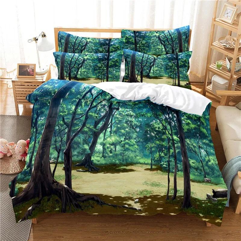 Modernes Bettwäscheset mit digitaler Waldlandschaft und 3D-Modedesign, Daunenbettbezug und Kissenbezug, 2–3-teilig, Heimtextilien
