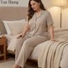 Women Pajama Set Plus Size Cardigan 2‑Piece Loungewear With Built‑In Bra Pad Elegant Soft Sleepwear For Summer Indoor Daily Wear