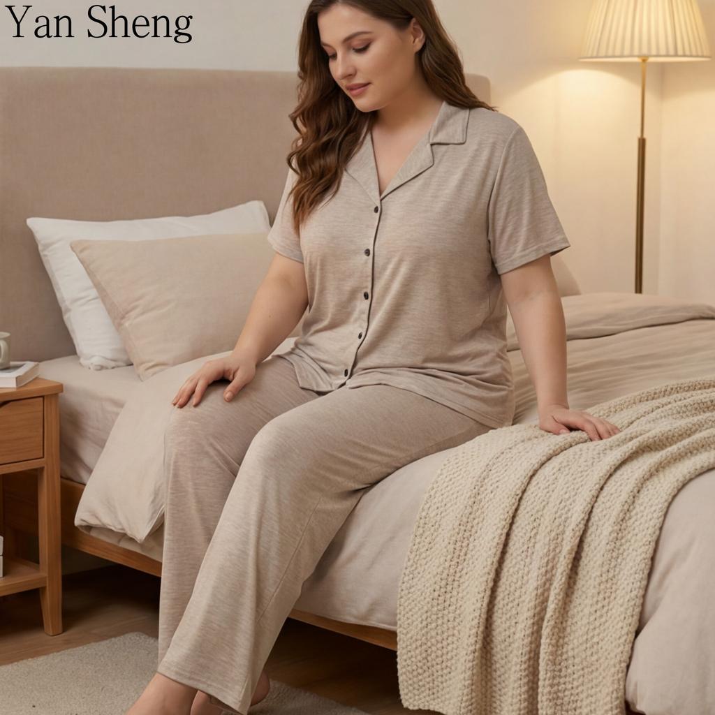 Women Pajama Set Plus Size Cardigan 2‑Piece Loungewear With Built‑In Bra Pad Elegant Soft Sleepwear For Summer Indoor Daily Wear