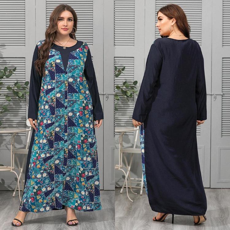Plus Size Elegant Women's Loose Long Sleeve Dress Spring Summer O Neck Print Splicing XL-4XL
