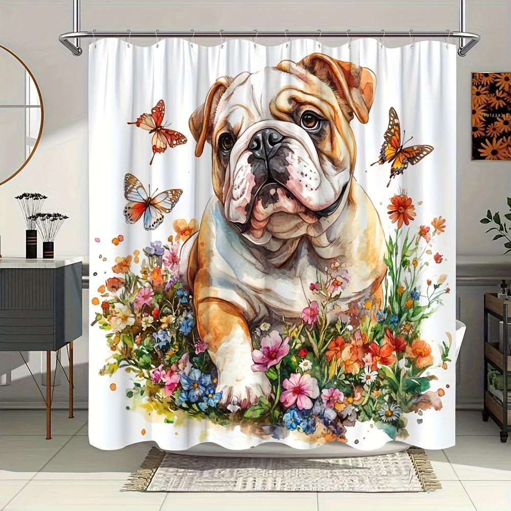 

1Pc English Bulldog Shower Curtain, Dreamy Watercolor Art, Colorful Garden And Butterflies, Includes 12 Hooks, 70.8X70.8 Inches W60H190(CM)-1 Pcs