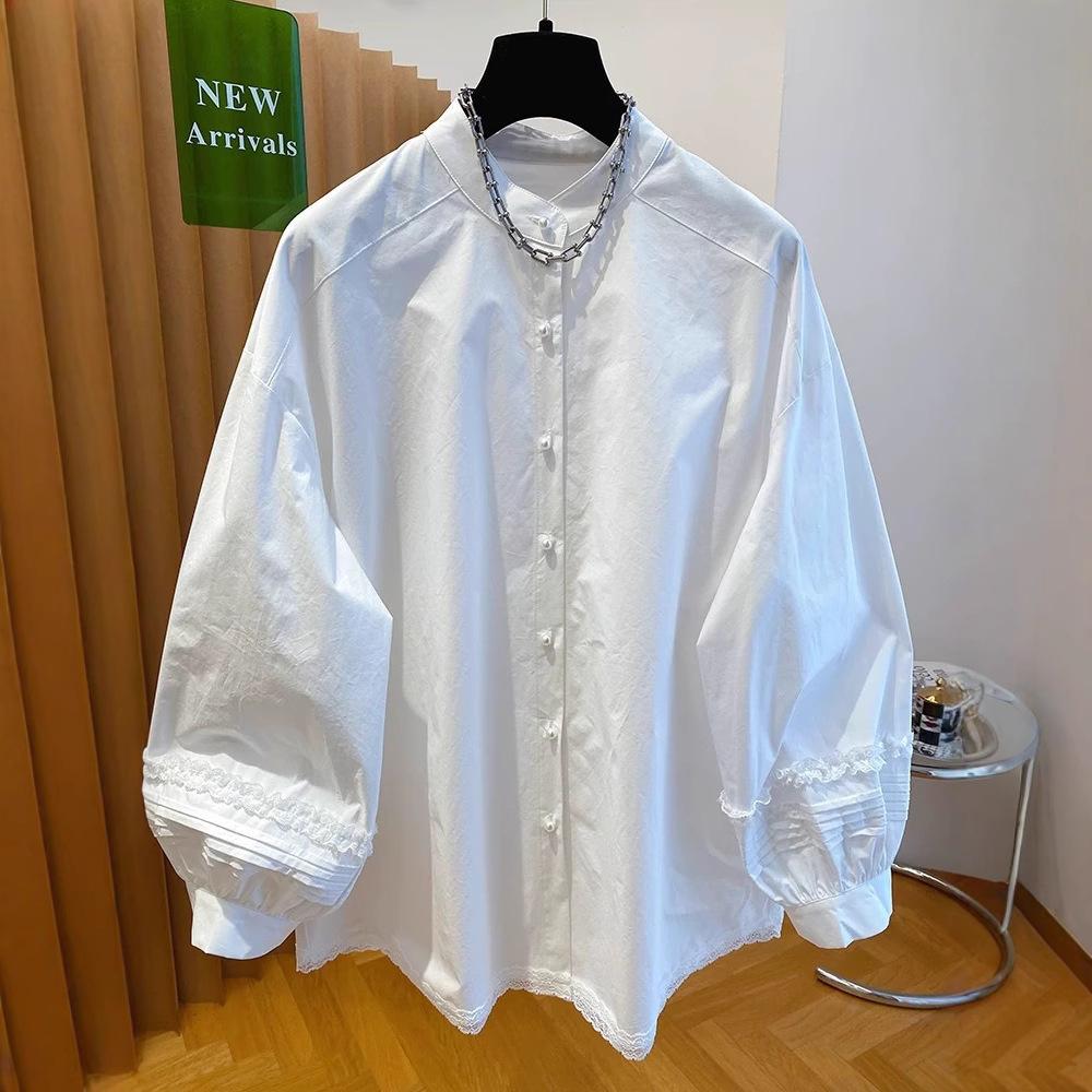 Beautiful Pearl Buckle White Shirt Women's Long Sleeves 1116 New High-end Loose Casual Cotton Lantern Sleeve Top