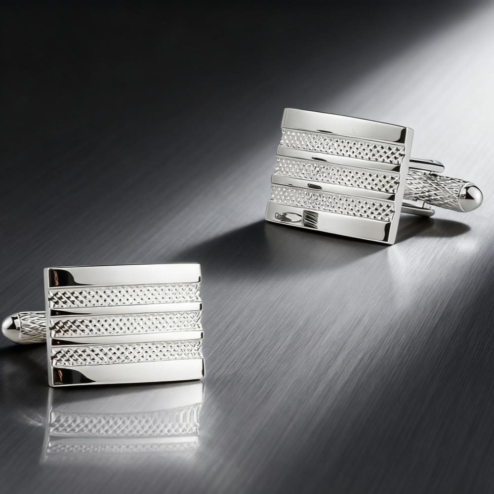 Men's Cufflink Set, Rectangular Silver Embossed Metal Design, Paired with Gift Box.