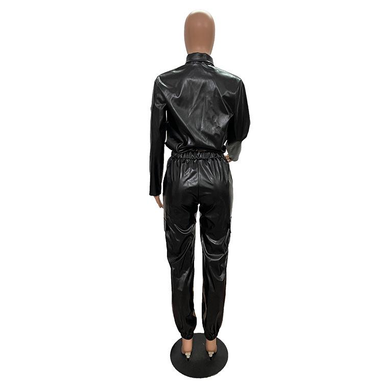 Autumn/Winter Slim-Fit PU Leather Brushed Long Pants with Multi-Pocket Detailing