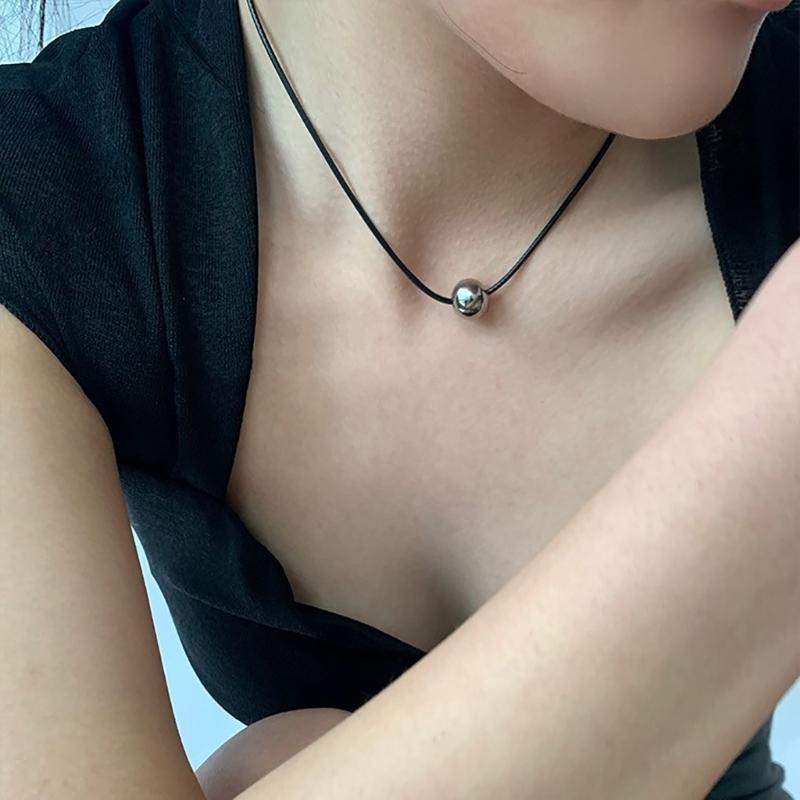 Stylish Titanium Steel Round Ball Charm Necklace Minimalist Waxed Cord Sphere Pendant Necklace Punk Jewelry Gift Women