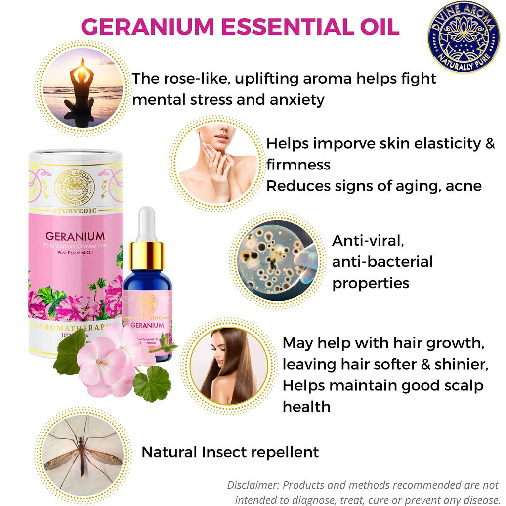 Divine Aroma Geranium Essential Oil 100% PURE & Natural Essential Oil |10ml|- Undiluted Exotic Sharp, Herbaceous green, Sweet Minty & Rose U