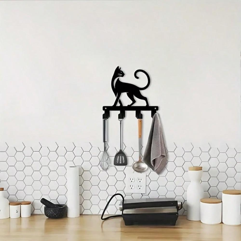 Bohemian Metal Cat Key Hanger Wall Mount Key Holder Durable Iron Black Cat Home Decor