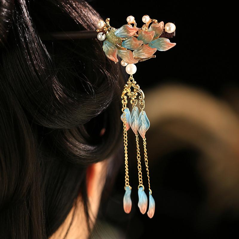 1 Stück Glas Fisch Haarnadel Antiker Kopfschmuck Sandelholz Haarnadel Frische Blütenblatt Haarnadel Neuer Chinesischer Stil Blütenblatt Quaste Haarnadel
