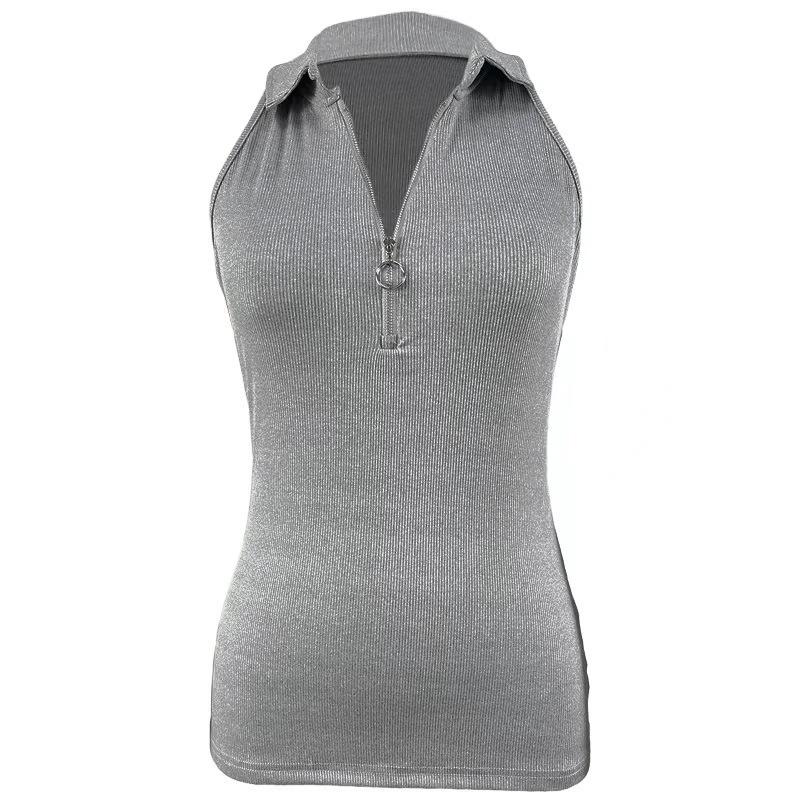 2024 Women's Fashion Casual Solid Color Ribbed Zip-Up Vest T-Shirt with Turn-Down Collar for Spring/Summer