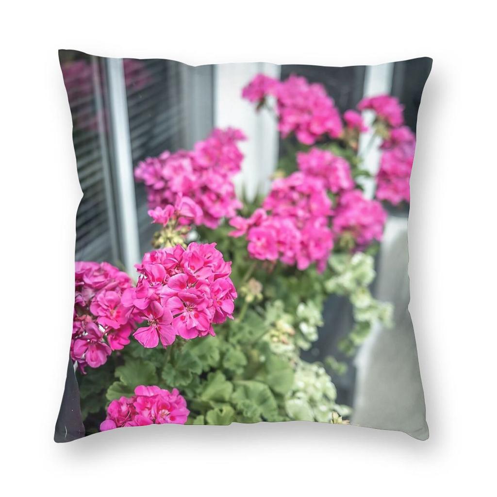 Pink Geraniums Window Box Square Pillowcase Polyester Linen Velvet Printed Decorative Throw Pillow Case Room Cushion Cover X