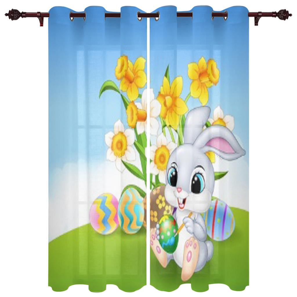 Modern Window Curtains Bunny Rabbit with Flowers Watercolor Luxury Fashion Curtains for Living Room Bedroom Kitchen Drapes