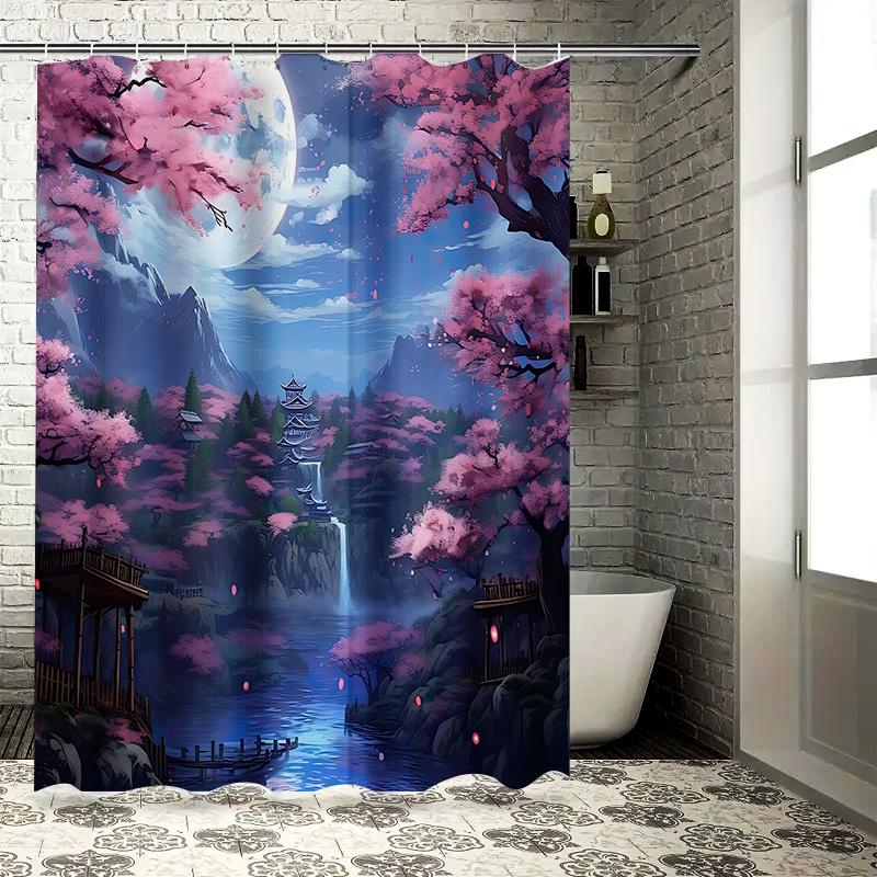 Enchanting Japanese Garden Cherry Blossoms Full Moon Night Mesmerizing Scenery Waterproof Shower Curtain Bathroom Decor