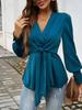 French Vintage Deep V Cross Strap Ruched Waist Shirt Women Lantern Sleeve Ruffled Sleeve Slimming Workwear Top