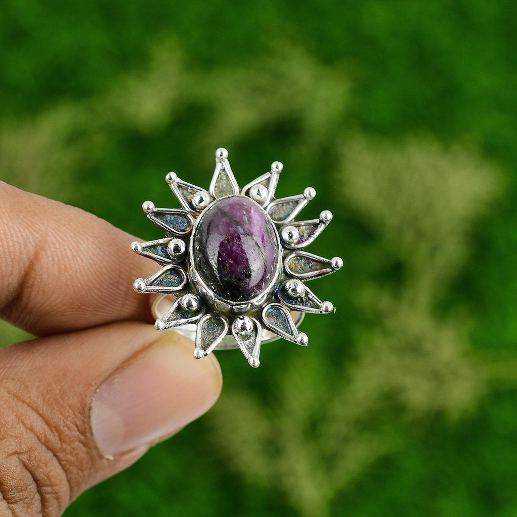 Womens day Sale Oval Natural Ruby Zoisite Flower Statement Ring Sterling Silver