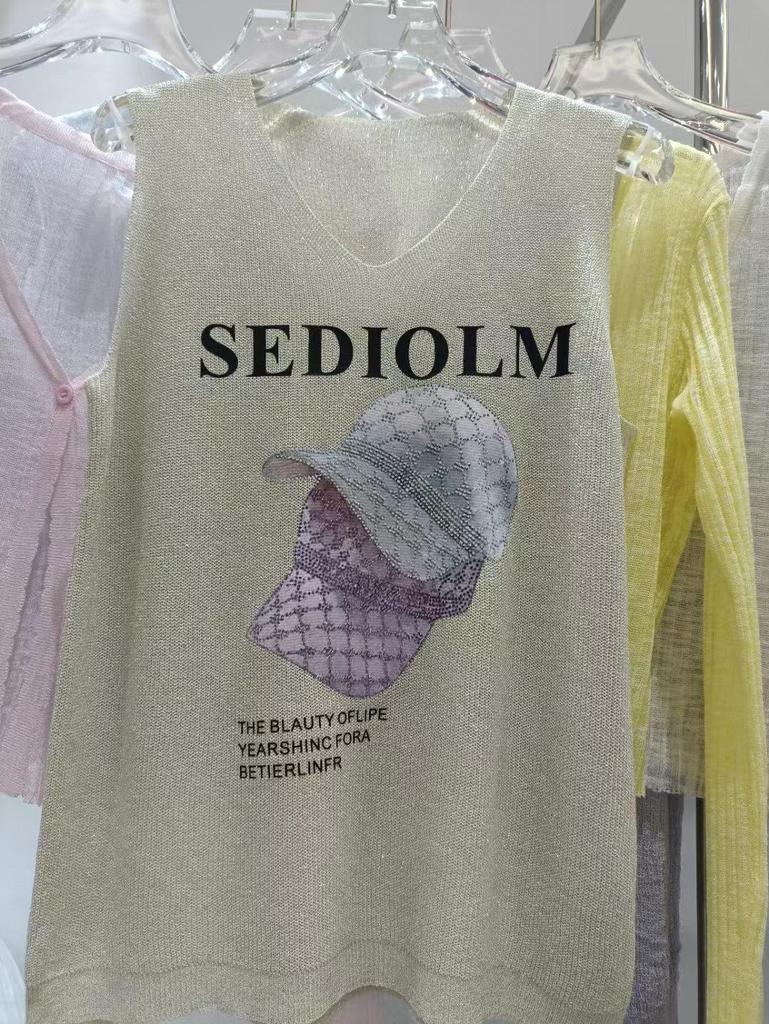 2023 Shiny Silk Sleeveless V-Neck Women's Vest - Spring/Summer New Style, Loose Fit with Hot Diamond Sling Knitted Design