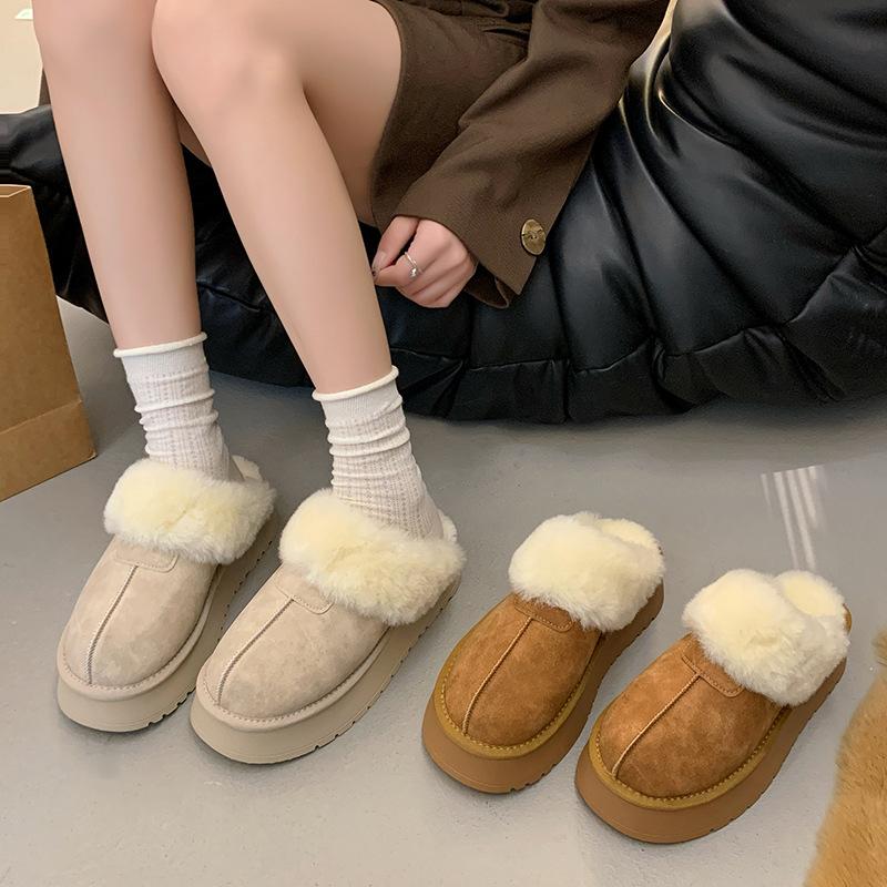 Thick-soled heightening, piled warm snow boots, half-towed fluffy cotton slippers, women's outer wear, new winter one-pedal