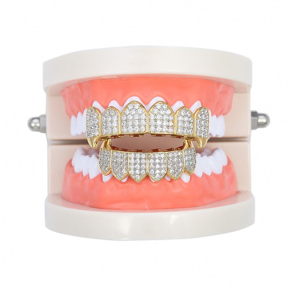 Hip Hop Grillz Gold Grillz Vampire Fangs Micro Inlaid Zircon 18K Gold Teeth Trendy Decorative Grillz