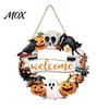 Scary Party Supplies Halloween Wooden Wreath Door Hanger Sign, Pumpkin Ghost Black Cat Witch Rustic Wall Art Bat Patterns, Hanging Plaque for