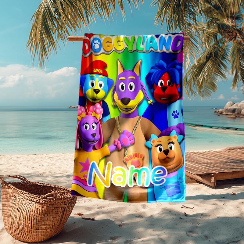 Custom Name Ultra-Soft Beach Towel with Doggyland Theme,Ideal for Pool - Camping, Diving - Perfect Travel Essential, Vibrant Beach Towel.