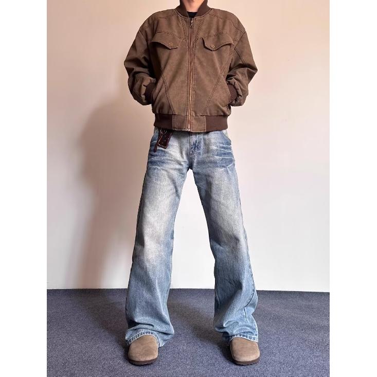 High Street Denim Pants For Men, Retro Distressed, Loose Straight Leg Pants, Wide Leg Sports Pants, Trendy