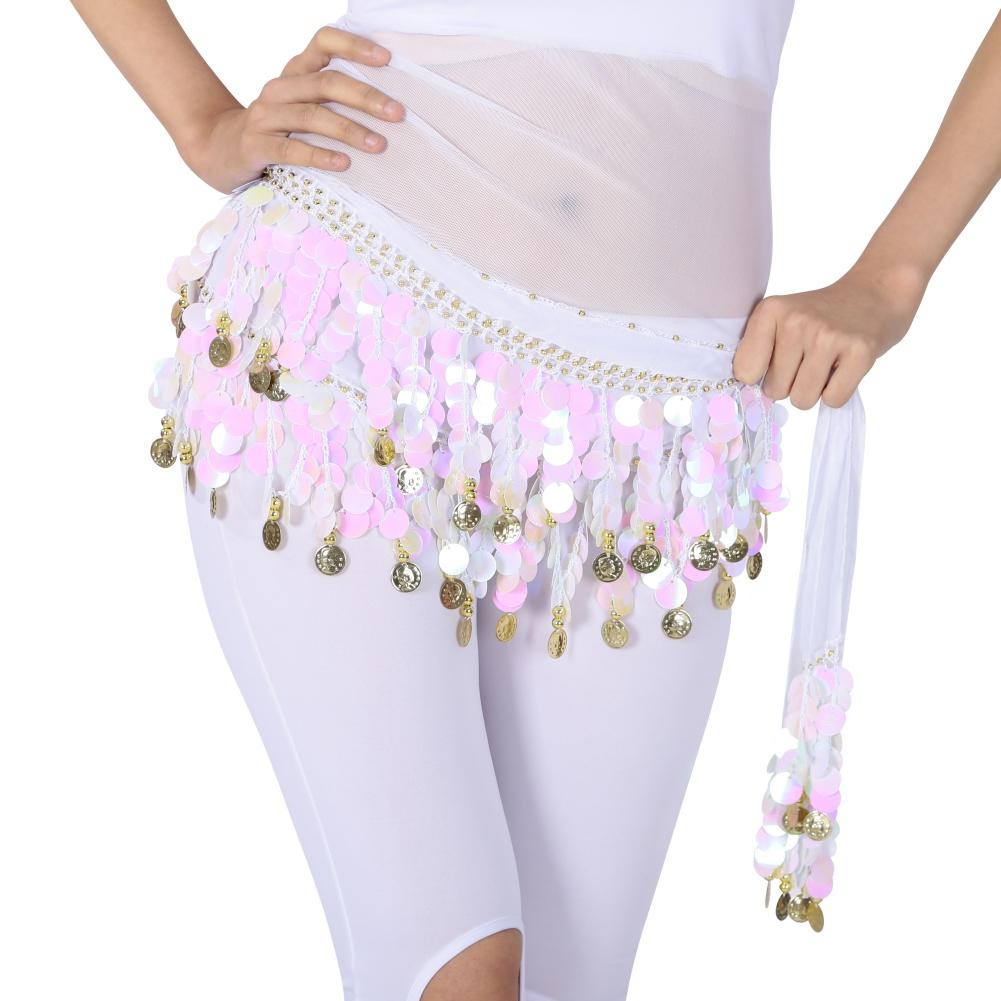 Bellydance Hip Scarf with Dangling Sequins for Belly Dancer Waist Chain Skirts Wrap 11 Colors Cute Stage Dance Wear for Women