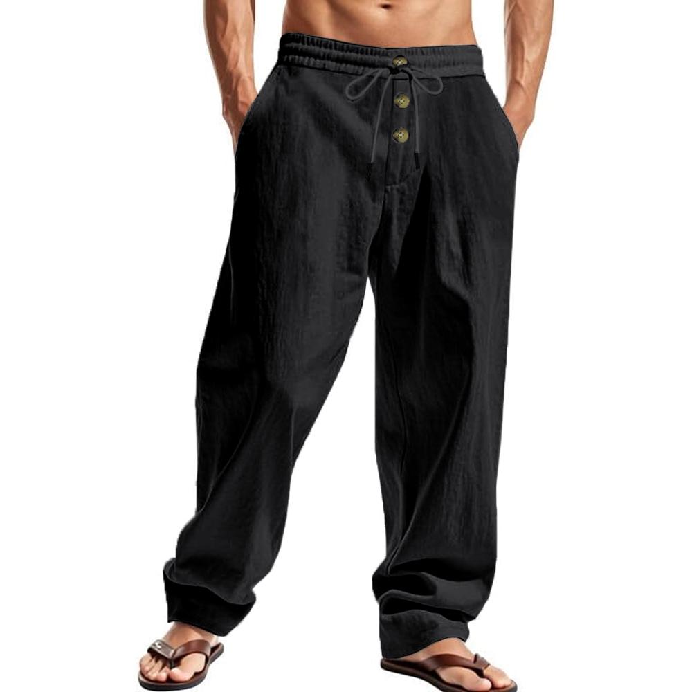 Men's Casual Breathable Pants Summer Solid Color Elastic Waist Button Trousers Loose Fitness Lightweight Wide Leg Beach Pants