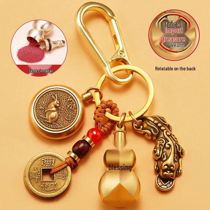 Pixiu Guardian Brass Pendant: Five Emperors Coins & Zodiac Buddha Keychain for Wealth & Protection