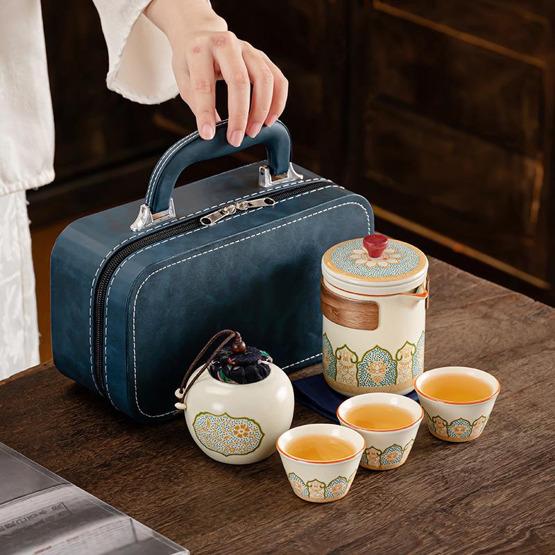 Dehua ceramic travel tea set Ru kiln retro outdoor ancient rhyme hand-held pot camping portable tea fast customer set