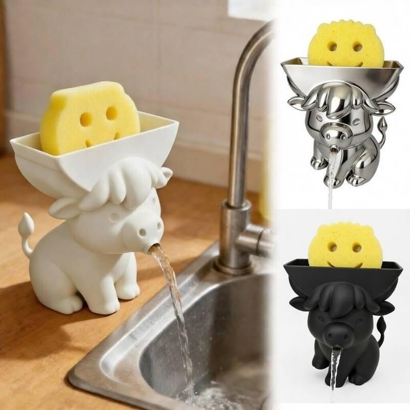 Cow-shaped sponge holder drains water via mouth. Cute sink organizer for kitchen & bathroom; sponge excluded.