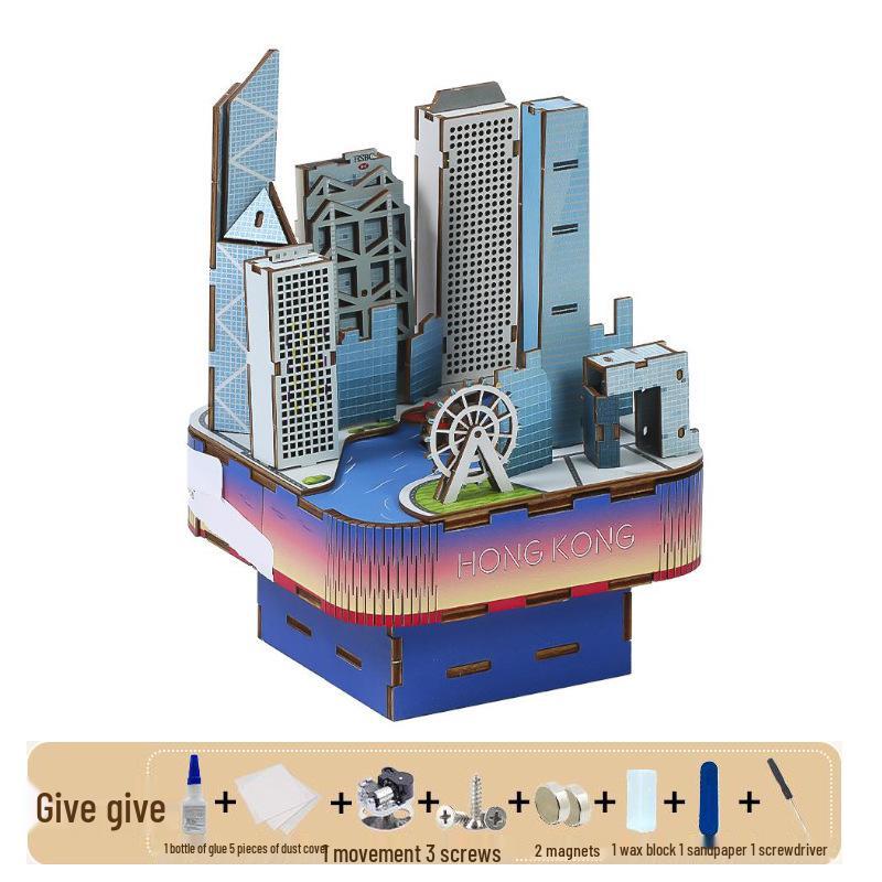 Landmark City Rotating Wooden Music Box DIY Birthday Gift