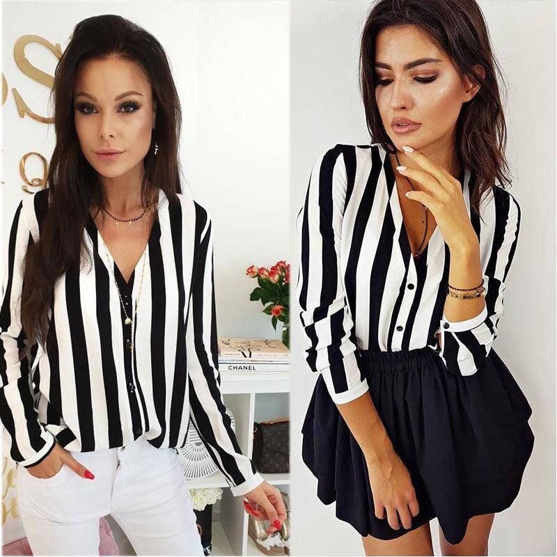 Elegante T-shirt da donna a maniche lunghe con scollo a V larga per uso casual e in ufficio