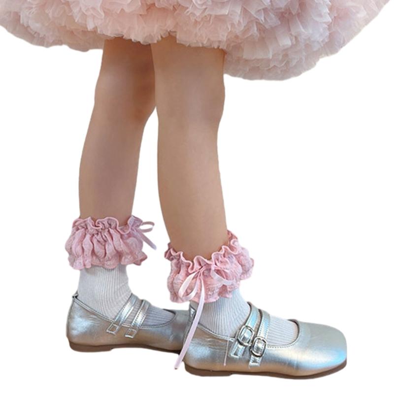Breathable Cotton Hosiery Socks for Girls Toddler Stretchy Knee High Socks Puff Edge Lace Bows Socks for Autumn Spring