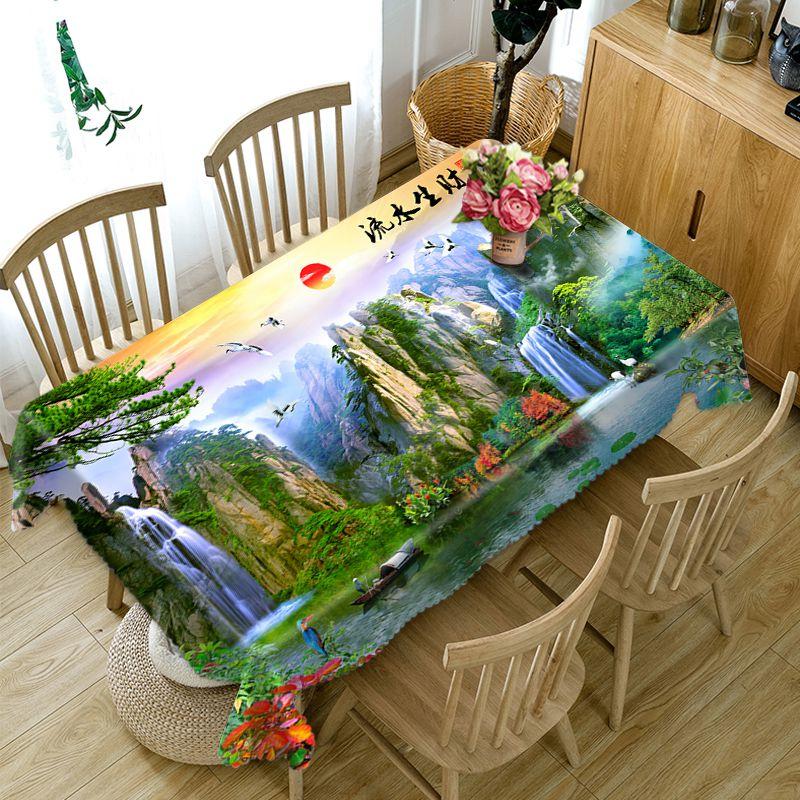Chinese Style Tablecloth Waterfall And High Mountains Landscape Pattern Washable Thicken Rectangular Table Cloth For Wedding
