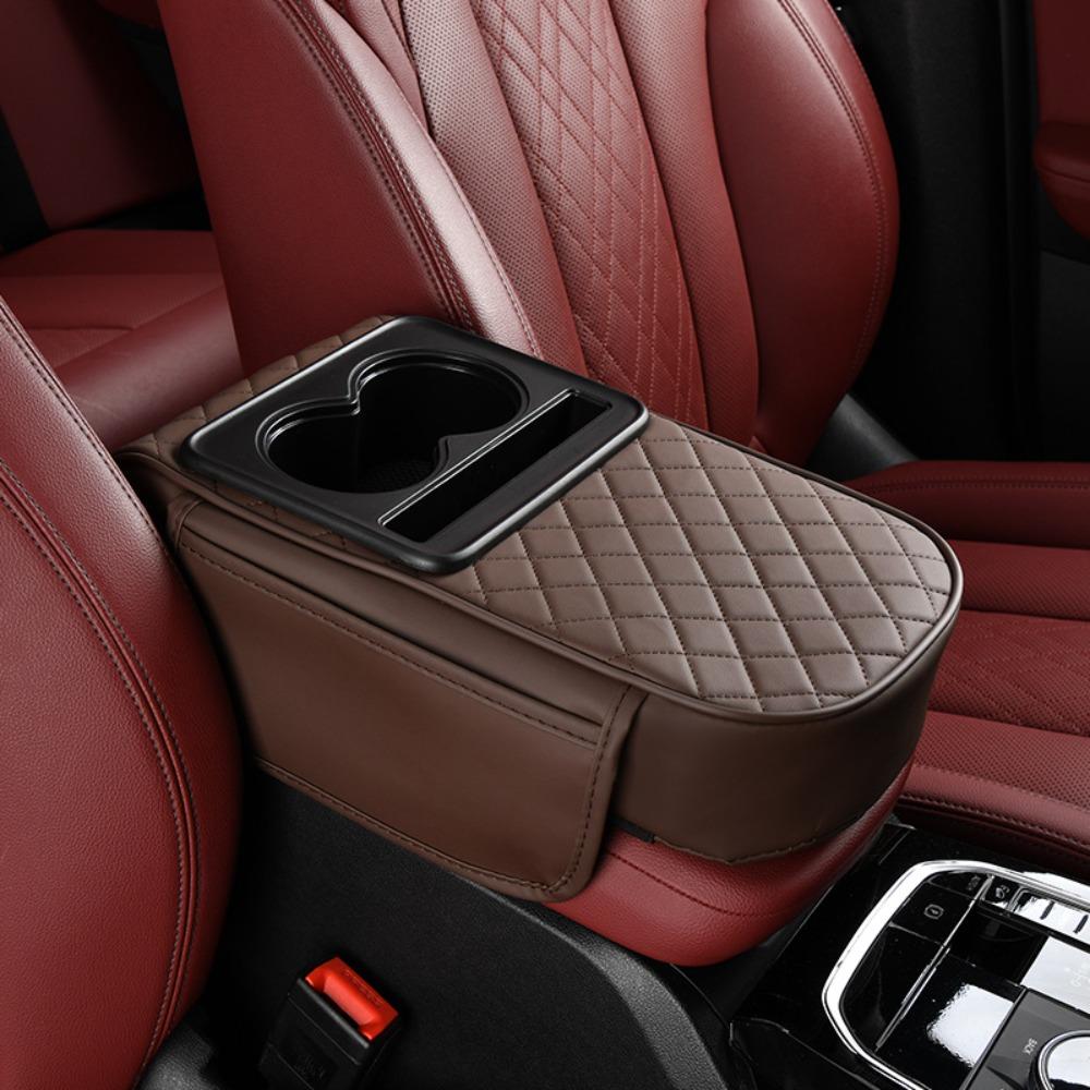 PU Leather Car Armrest Pad with Cup Holder Multifunctional Center Console Armrest Cushion Height Increasing Thickened