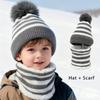 Fleece Lined Knit Beanie Hat Striped Pattern Pom Pom Hat Warm Fleece Lined Scarf  Outdoor Sports