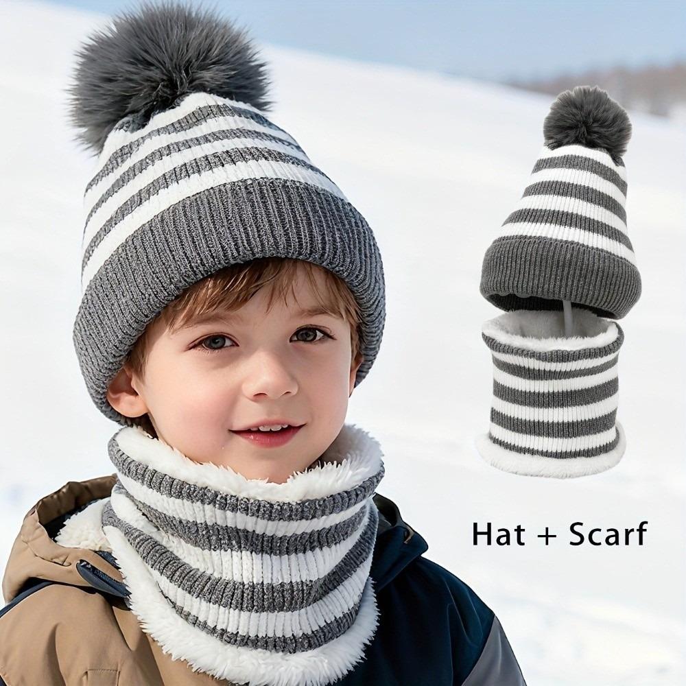 Fleece Lined Knit Beanie Hat Striped Pattern Pom Pom Hat Warm Fleece Lined Scarf  Outdoor Sports