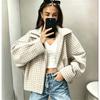 Women Vintage Small Plaid Cropped Jacket Lapel Collar Zip Up Long Sleeve Loose Casual Checkered Coat