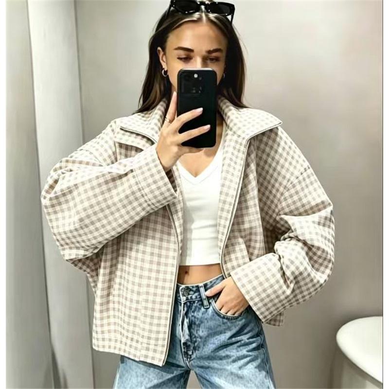 Women Vintage Small Plaid Cropped Jacket Lapel Collar Zip Up Long Sleeve Loose Casual Checkered Coat