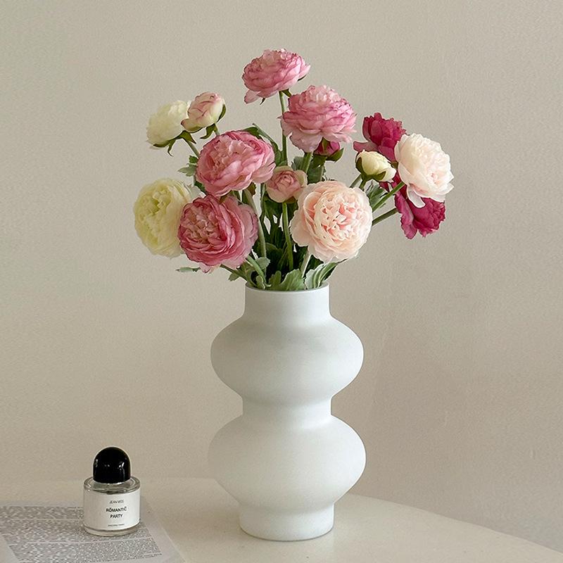 Composizione Floreale Artificiale di Peonie e Ranuncoli Floccati per Arredamento Casa