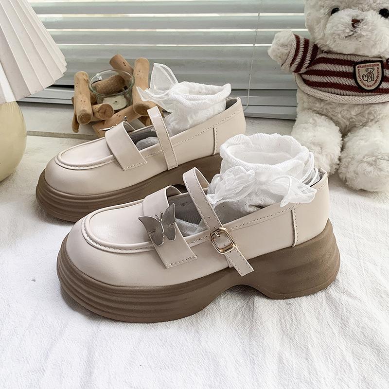 2025 Autumn New Thick Heel Platform Retro College Style Jk Shoes Mary Jane Shoes Milk White Butterfly Small Leather Shoes Women