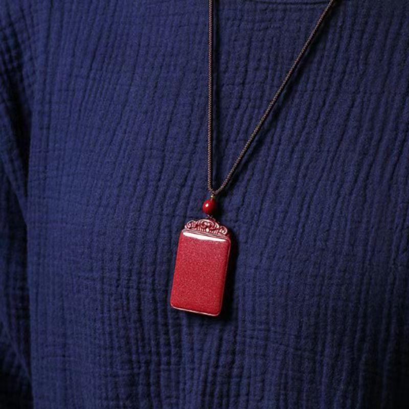 Natural Cinnabar Ruyi Necklace Pendant with Purple Gold Sand - Peace and Safety Amulet Gift