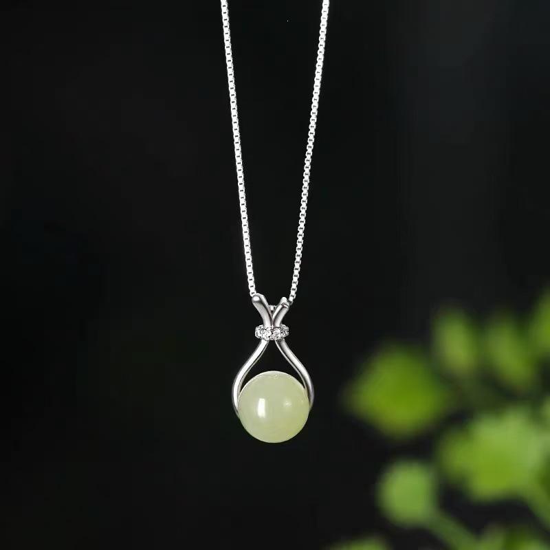 925 Sterling Silver Hetian Jade Coin Purse Necklace, Chinese Style Luxury Clavicle Chain for Women