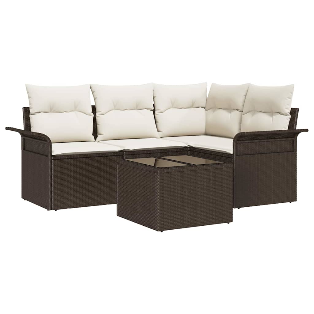 Garden Sofa Set with Cushions 5 Pcs Brown Poly Rattan