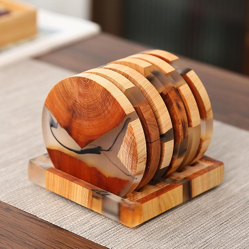 Wood Resin Coasters with Holder Set Coffee Coasters Unique Drink Coasters for Coffee Table Home Decoration Wooden Tea Coaster