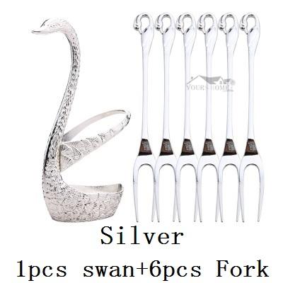 Swan Spoon Base Holder Fruit Forks Set Stainless Steel Salad Dessert Forks Spoon Coffee Cake Tools Tableware Barware